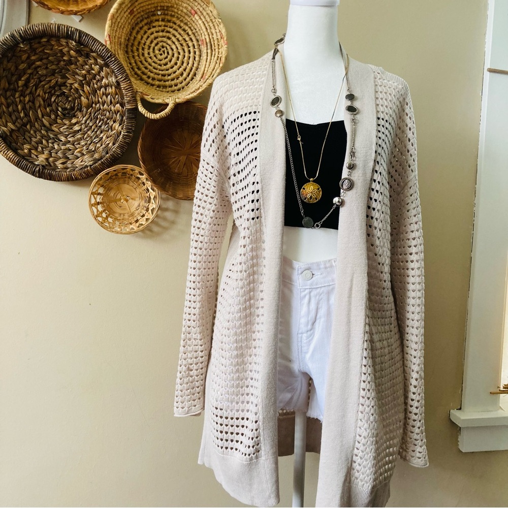 Hollow Out Drop Shoulder Openwork Knit  Duster Cardigan